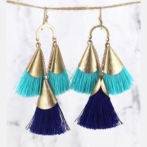 Blue/ turquoise/ gold tone tassel earrings.